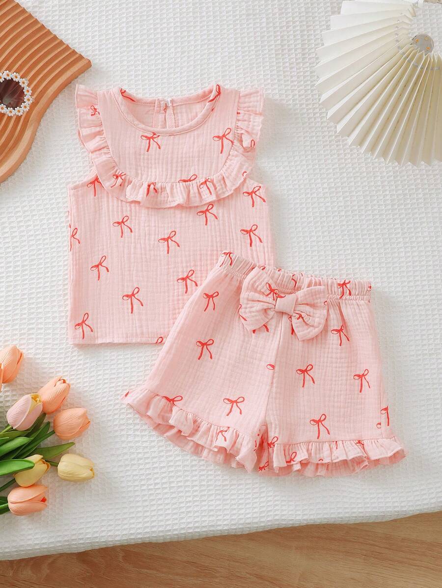 Baby Girls Bow Decor Sleeveless Printed Top + Bow Shorts 2pcs Set, Elegant And Cute Series, Essential Baby Summer Outfit