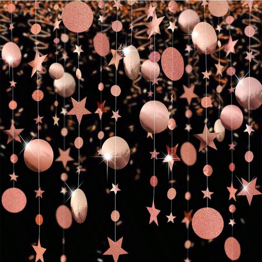 1 Set 4m Rose Gold/Gold Shiny Star Shaped Round Sequins Hanging Flag, Suitable For Birthday Decorations, Wedding, Graduation, Room Decor