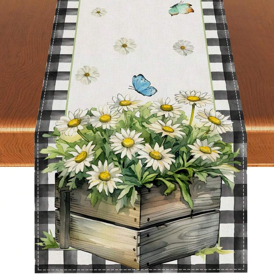 Black & White Plaid Coil Tabletop Flag, Spring/Summer Daisy & Butterfly Tablecloth, Farmhouse Floral Decor Suitable For Home Kitchen Table, Birthdays, Holidays, Daily Parties