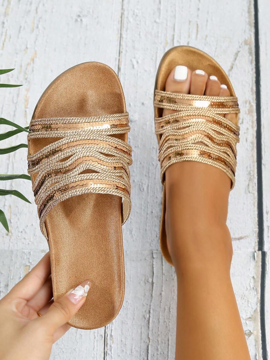 Women's Flat Slip-On Slippers, Fashionable And Elegant Summer Sandals, Suitable For Outdoor, Travel, Beach Holiday, Comfortable Round Toe Thick-Soled Gold Glitter Slide Sandals, Valentine's Day Gift, Office, Business, Lightweight And Comfy Wide Slipper