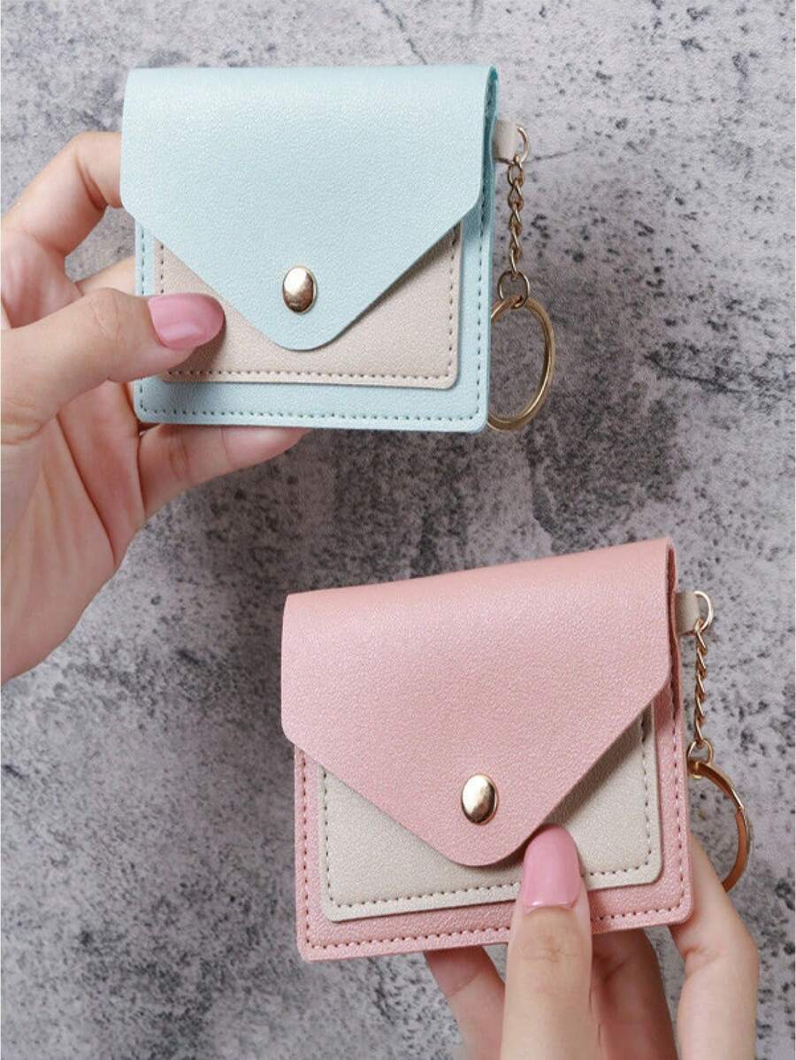 Porte-carte à bouton métallique 3 couleurs Pieru | Stockage en couches multi-cartes, design anneau porte-clés | Porte-clés doré | Mini portefeuille, couleurs pastel noir/bleu/rose | Porte-carte portable