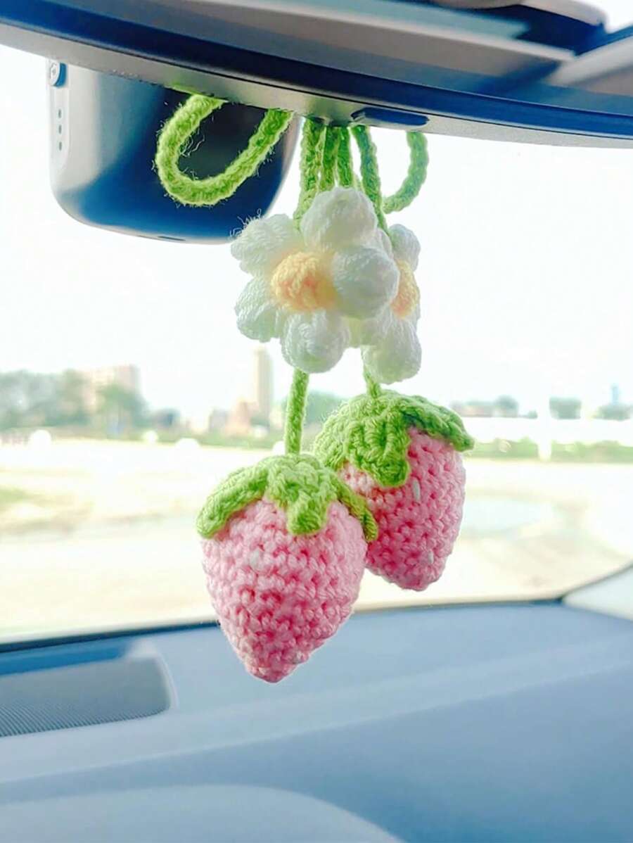 1pc Car Summer Interior Pendant Woven Pink Strawberry Car Rearview Mirror Decoration Car Interior Pendant