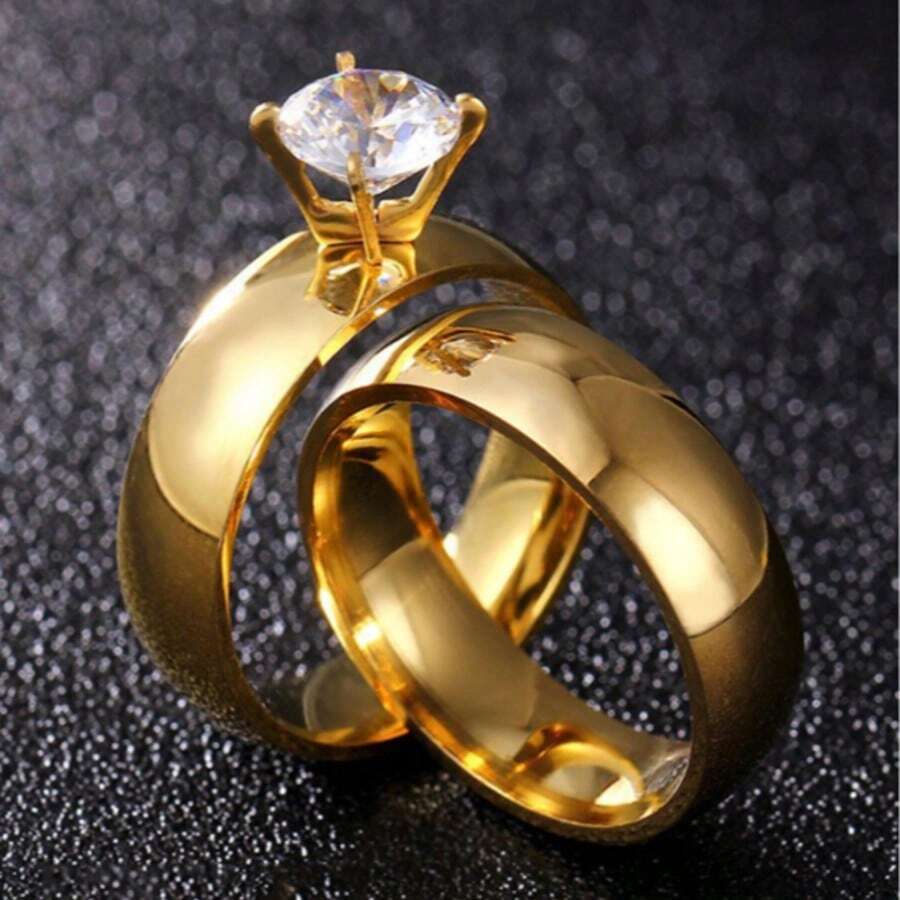 2 piezas Anillos de pareja de acero inoxidable chapados en oro de 18K con circonita cúbica, regalos elegantes de anillos de pareja para cumpleaños/boda