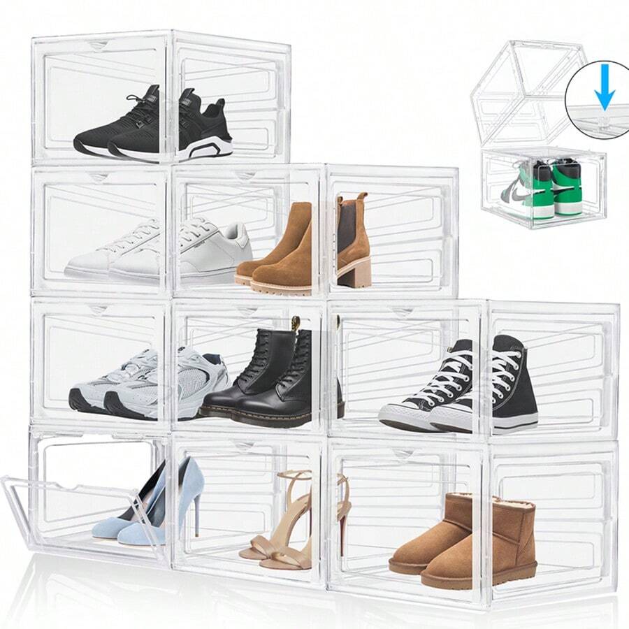Vandise 6/9/12-Pack Transparent Shoe Storage Shelf, Space-Saving Magnetic Folding Lid Shoe Box, Stackable Clear Shoe Organizer For Home/Office