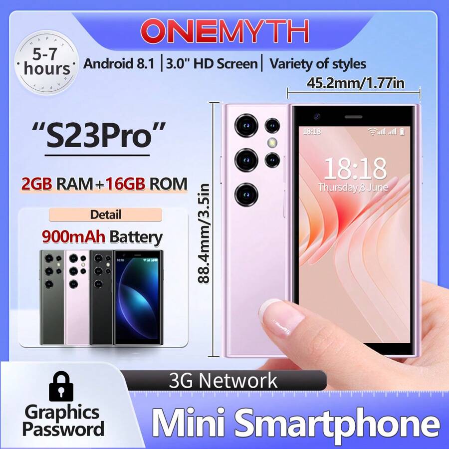2025 Neuankömmling SOYES ONEMYTH S23 Pro Mini Smartphone 3.0" HD Bildschirm Android 8.1 Reines System 2GB RAM 16GB ROM 3G Netzwerk und Face ID Dual SIM Standby Mit Kleines Smartphone Kleines Smartphone Gutes Geschenk für Mädchen