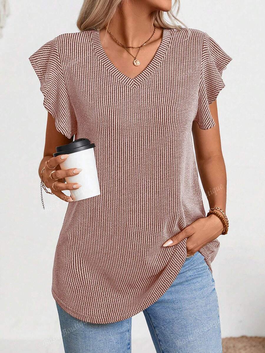 Women's Summer Short Sleeve Ruffle Ribbed Tops Casual V Neck T-Shirt