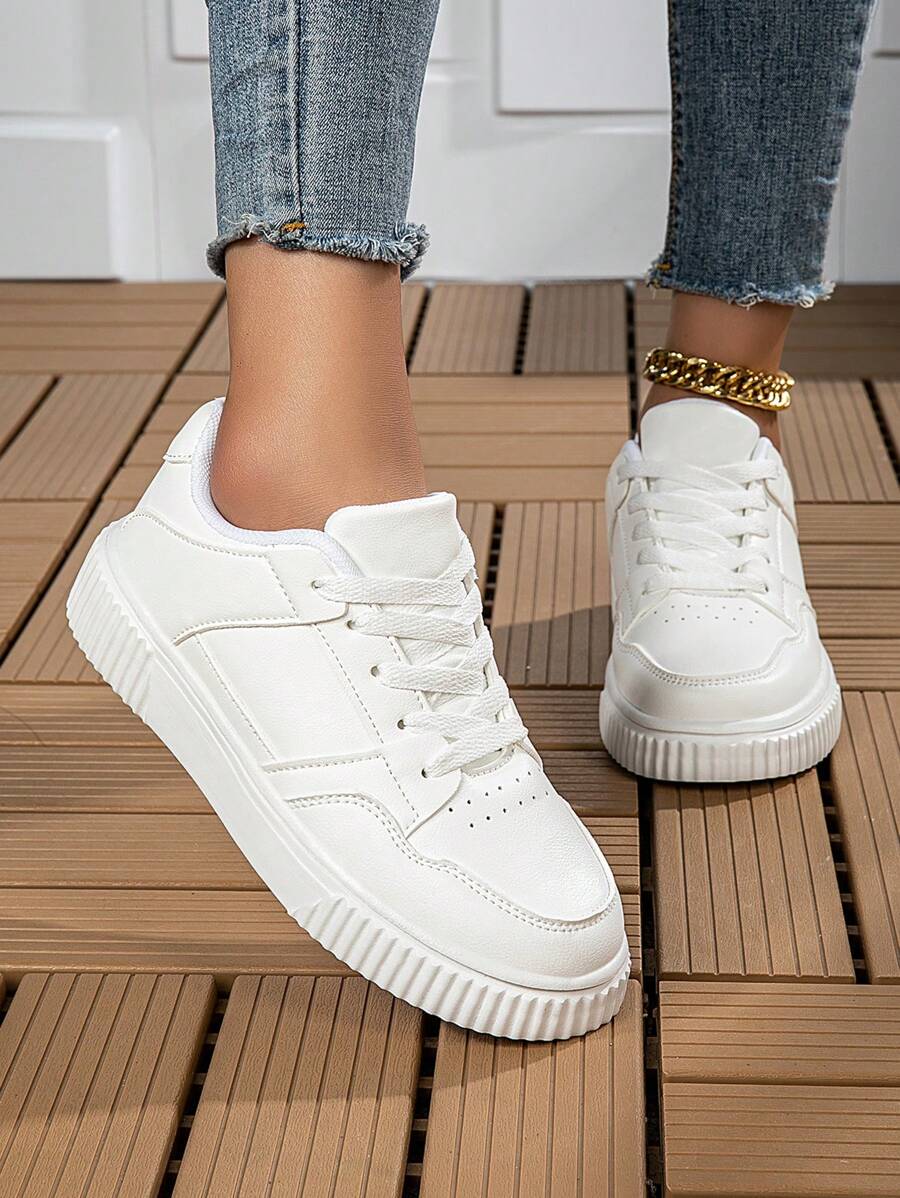1 par de zapatillas casuales de suela de EVA con patrón de rombos y unicolor, con cordones, zapatos deportivos cómodos de contraste de color, de baja altura, para boda, escuela, vacaciones, fiesta, oficina, interior/exterior, todo el año