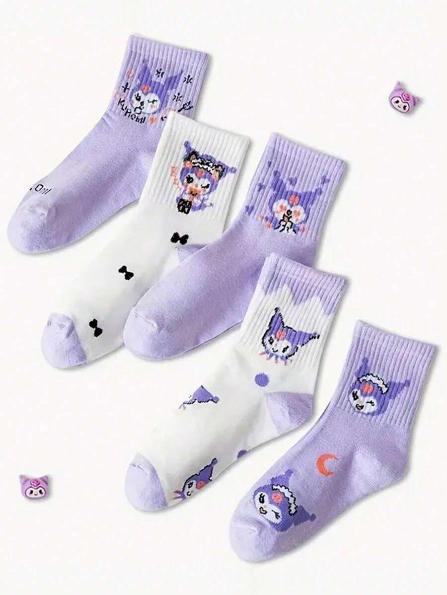 Sanrio 5 paires de chaussettes style 4 saisons Carto Anime, chaussettes mi-mollet bleues style Collège JK mignons avec motifs hello kitty, Kuromis, Cinnamorolls, My Melody, Pochaccos, Pom Pom Purins (Certaines parties peuvent être aléatoires)