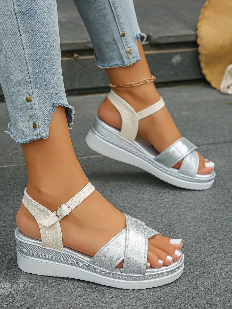 Women's Wedge Heel Thick Sole Sandals, Colorblock Bohemian Strap Design, Lightweight & Comfortable