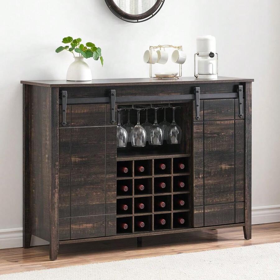 LIZHOUMIL Farmhouse Home Bar Cabinet With Storage, 47.2 Inch Large Home Bar Unit With 8 Wine Racks, Indoor Wine Bar And Liquor Bar Cabinet With Barn Door And Footrest For Dining Room