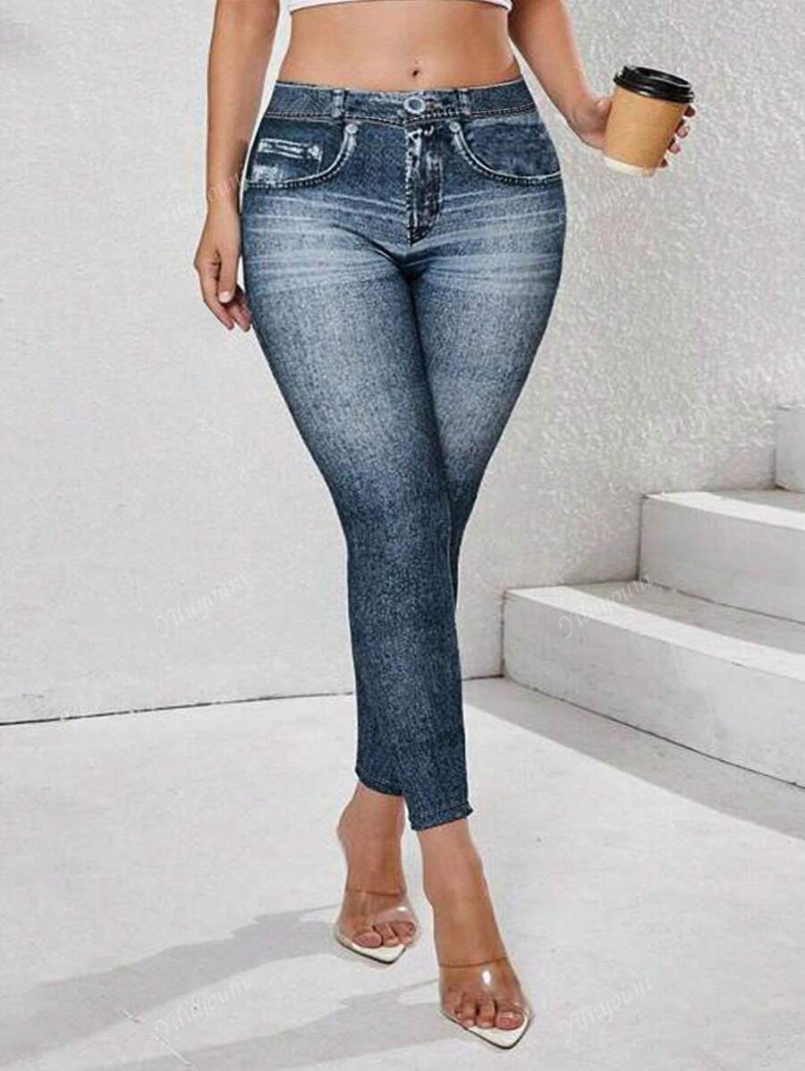 Women Plus Size Denim Effect Contrast Color Print Elastic Leggings