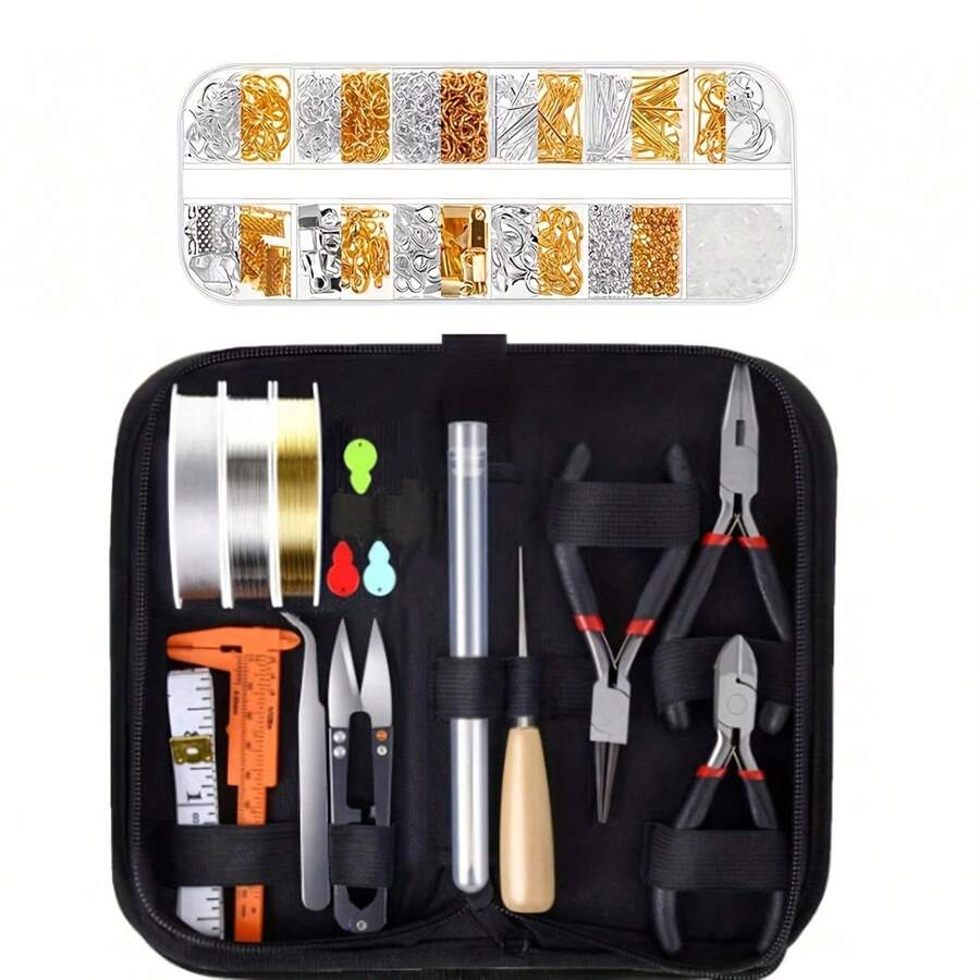 1 set Kit de inicio de joyería dorada y plateada que incluye pendientes, colgantes, accesorios, cuentas, alicates y herramientas de reparación de joyería, apto para adultos y principiantes