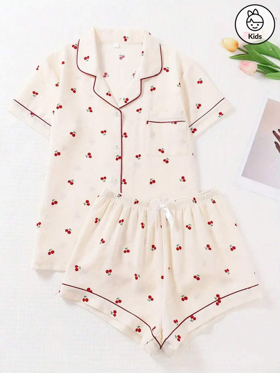 AICJ Conjunto de pijama para niña preadolescente con estampado de cerezas y ribete contrastante