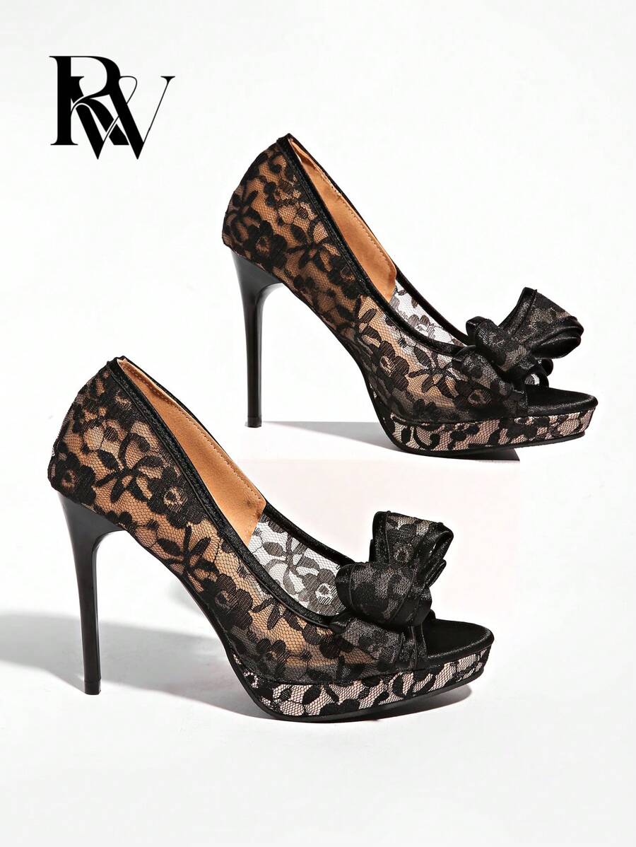 2025 New Open Toe Peep-Toe Mesh Lace Embroidery Bow Waterproof Platform Sandals Female Sexy Stiletto High Heels