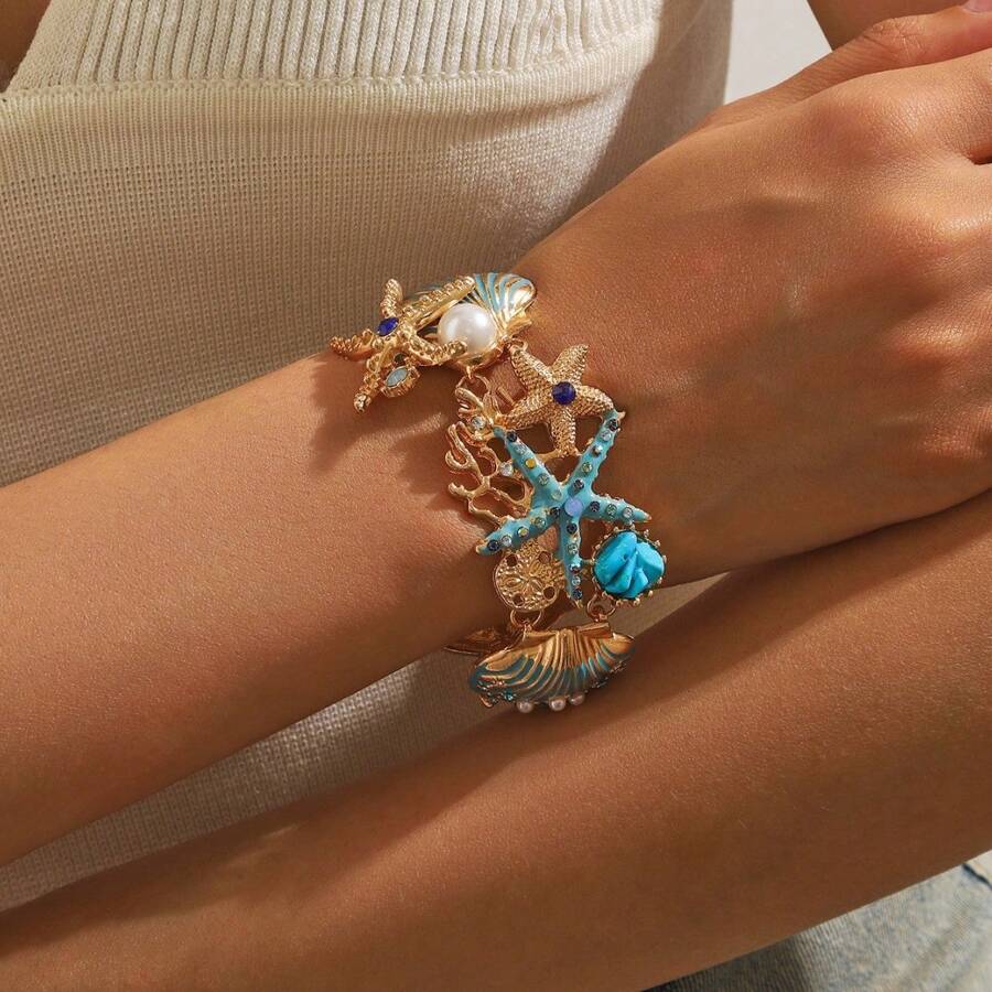 1 Stück Modischer Metall-Muschel & Seestern Armband und Knöchelkette im Strandstil für Damen, Accessoire für Urlaub, Geburtstag, Date, Party, Shopping