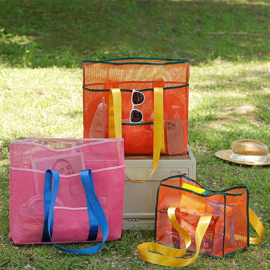 Breathable Mesh + Foldable Contrast Color Tote Bag, Outdoor Beach/Pool/Shopping/Gym Multifunctional Storage Bag (Reinforced Handle + Inner Pockets), Waterproof Portable Folding Bag For Clothes & Accessories