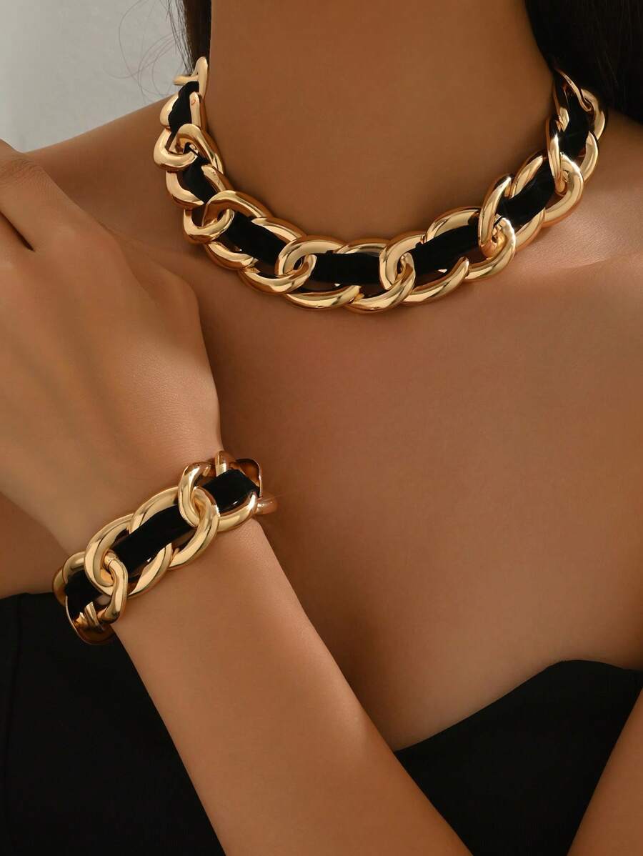 Set de 2 piezas: Collar + Pulsera de mujer de estilo punk, diseño de parchwork de corduroy minimalista retro, para uso diario, fiesta, fotografía callejera, accesorio de regalo dulce