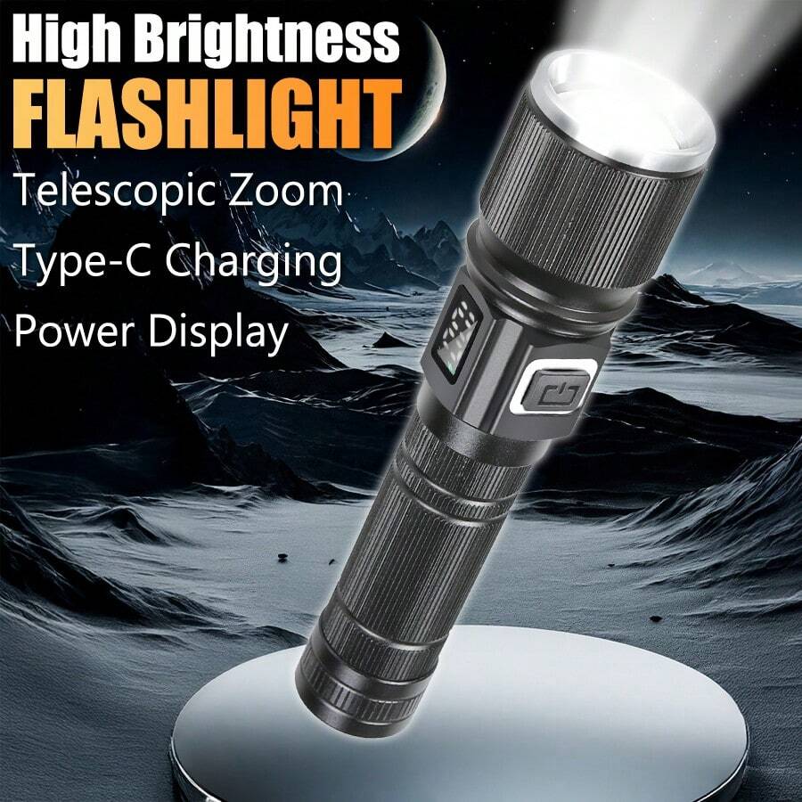 1pc Super Bright Flashlight | Spotlight/Floodlight Dual Modes Zoom + 3 Brightness Levels | Type-C Fast Charging + Real-Time Power Display | Waterproof Design | Ideal For Outdoor Adventure, Camping, Night Riding, Car, Home Emergency