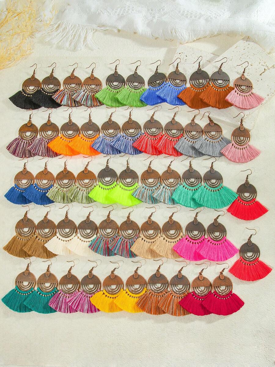 TopHanqi 3pcs/7pcs/12pcs/18pcs Random Bohemian Hollow Vintage Tassel Earrings Set, Multicolor Geometric Fan Shaped Dangle Earrings, Suitable For Daily Wear, Commuting, Party, Date, Gift, All Season