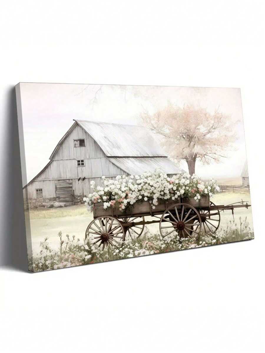 1 pieza Cartel de impresión de granero de carretera, paisaje de granja con flores para decoración de pared de sala de estar, póster listo para colgar, con opción de marco