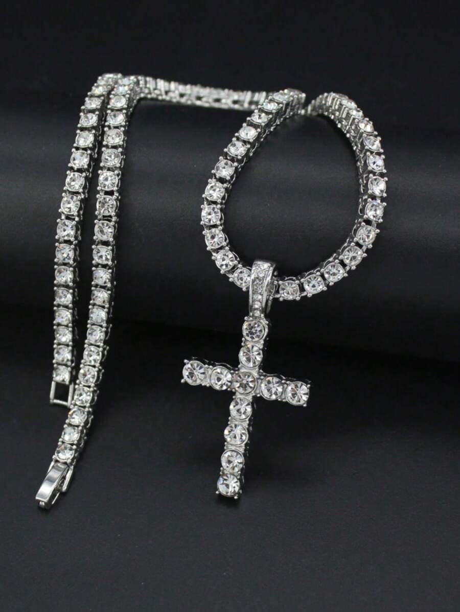 1pc Hip Hop Cross Pendant Necklace With 4mm Tennis Chain 24 Inch Twist Rope Chain HipHop Iced Out Bling Necklaces For Women Men Jewelry Gift