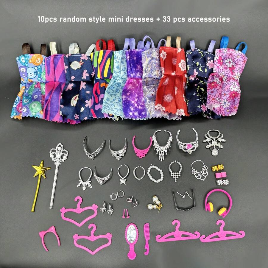 43pcs/Set 30cm Fashion Doll Clothes And Accessories Set, Includes Romper, Skirt, Earrings, Crown, Necklace, Jewelry Toy