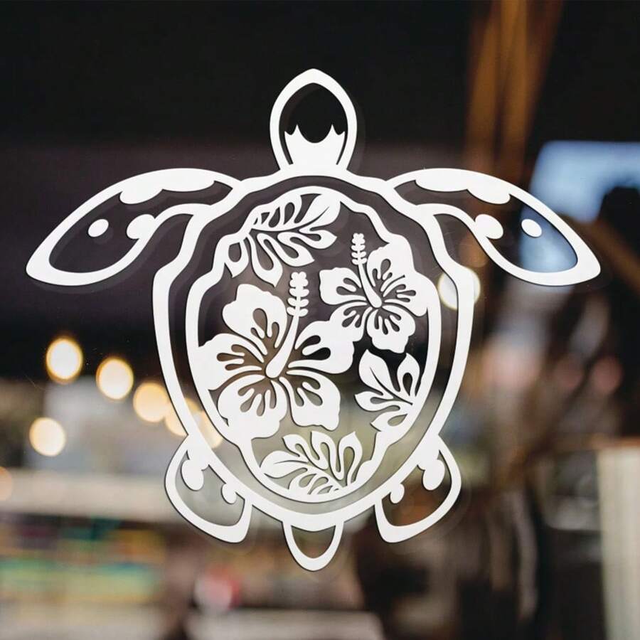 Sea Turtle Hibiscus Flower Car Sticker, Vinyl Die-Cut Floral Turtle Decal For Car Truck Window Laptop, Cute Car Decor Accessories