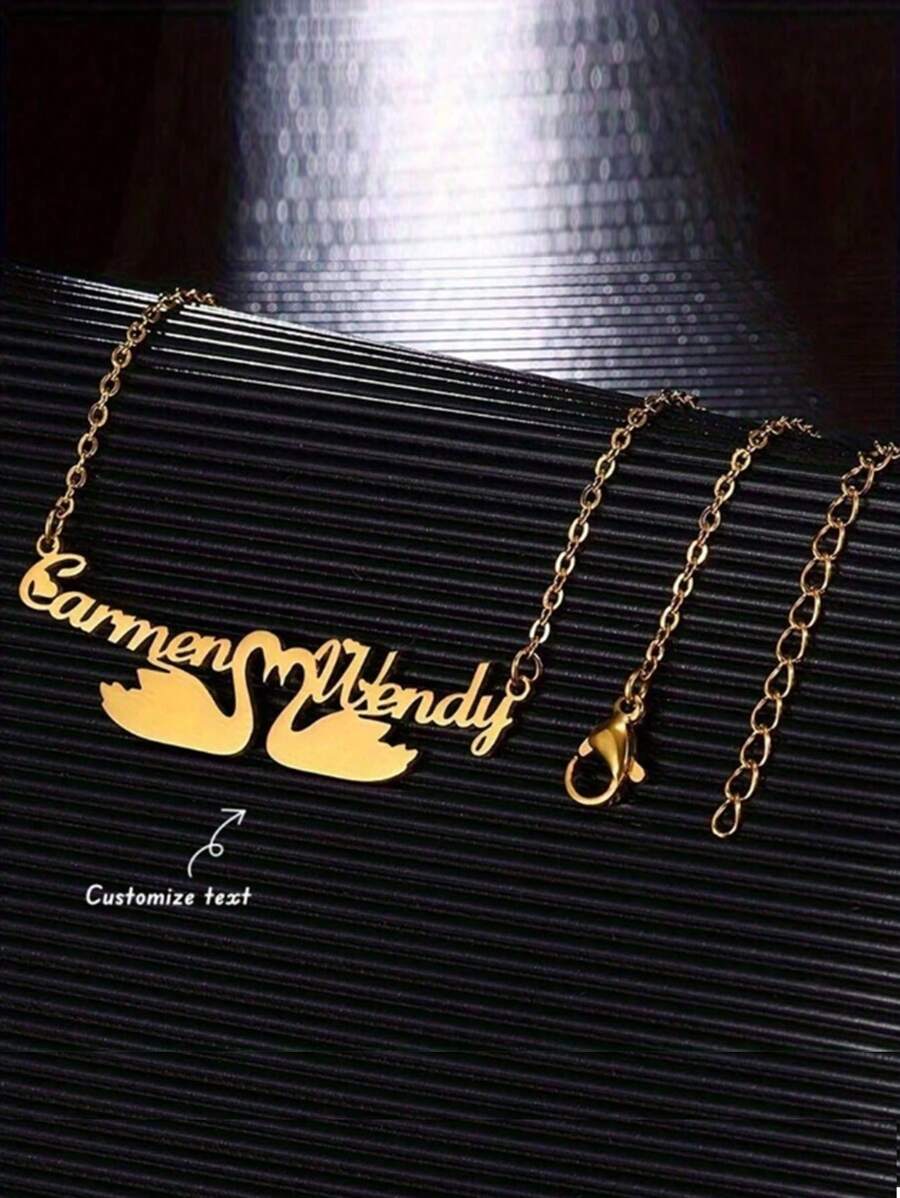 1pc Personalized Double Name Swan Necklace, Stainless Steel Animal Collar Necklace, Customized Jewelry Couples Accessory, Unique Gift For Couples, Family, Beautiful Swan