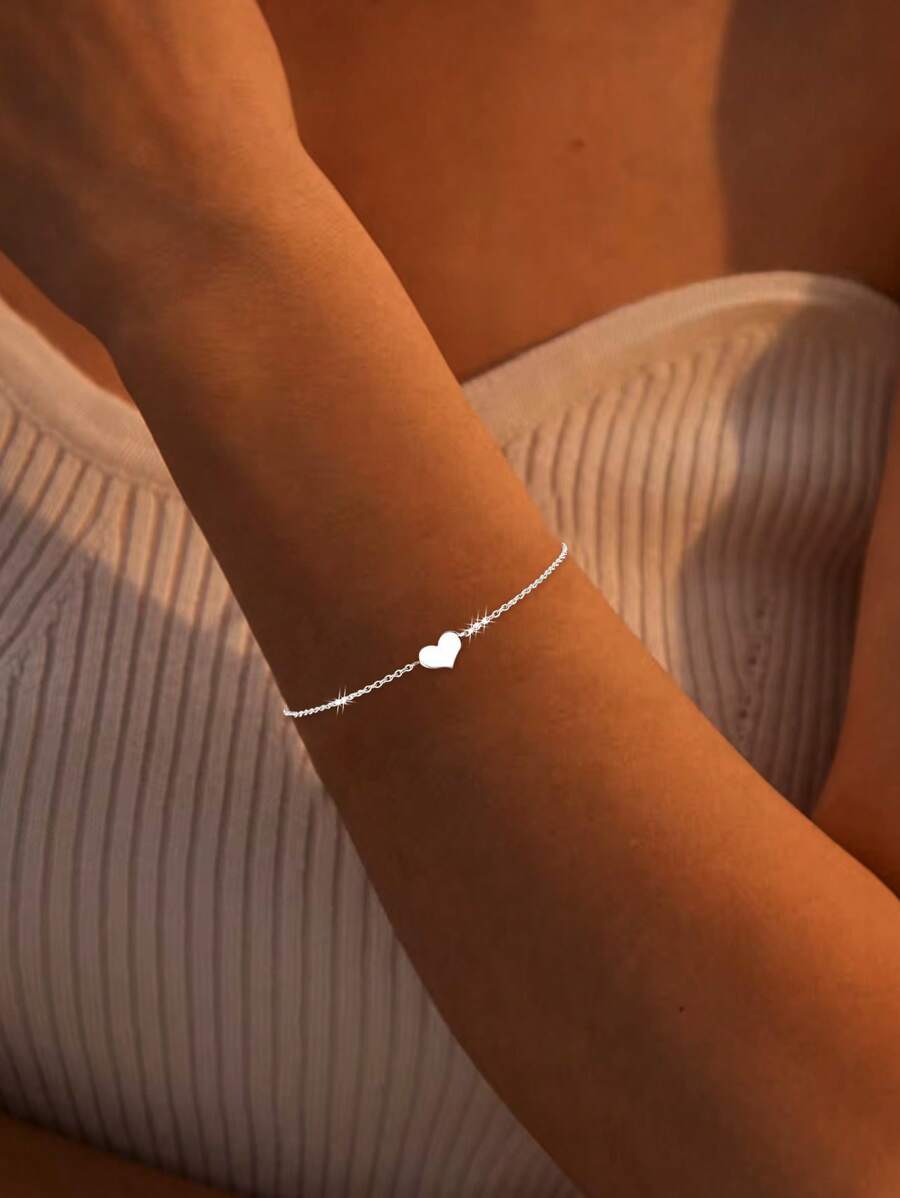 FOREVER QUEEN Pulseira delicada de coração em prata esterlina 925, 1 peça, para mulheres, joia empilhável de coração, faixa ajustável, presente para melhor amiga, corrente de pulso
