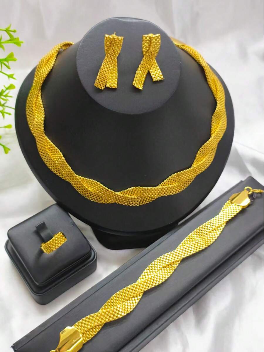 4 Stücke Damen Goldplattiertes Seilschmuckset: Halskette, Ohrringe, Ring, Armband, geeignet für Saudi-Arabien, Naher Osten, Dubai, Europa, Afrika, Braut, Hochzeit, Bankett, Date, Kleid, Muttertag, Abschluss, Urlaubsgeschenk