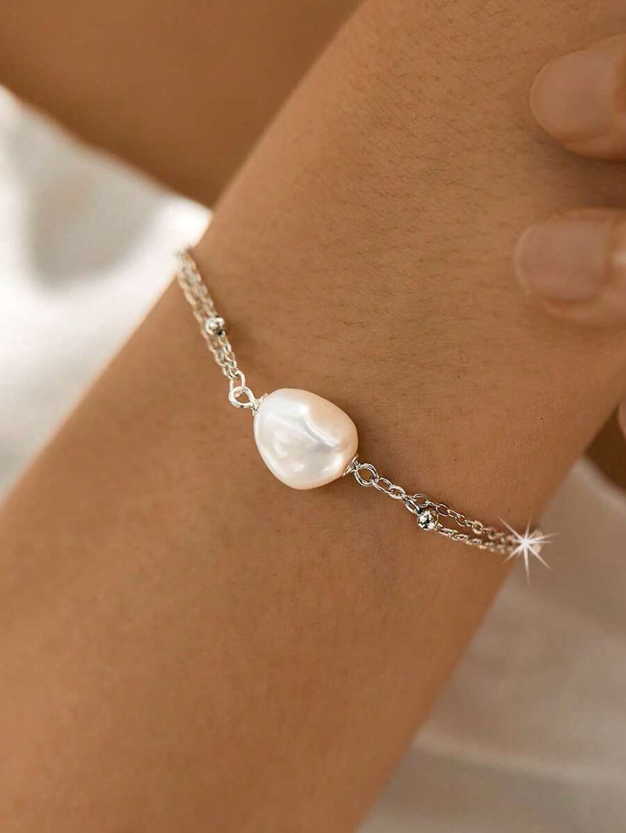 1 pulseira com pingente de pérolas de água doce natural simples e elegante de prata esterlina 925, acessório de moda refinado adequado para uso diário ou ocasiões especiais, joia feminina para presente