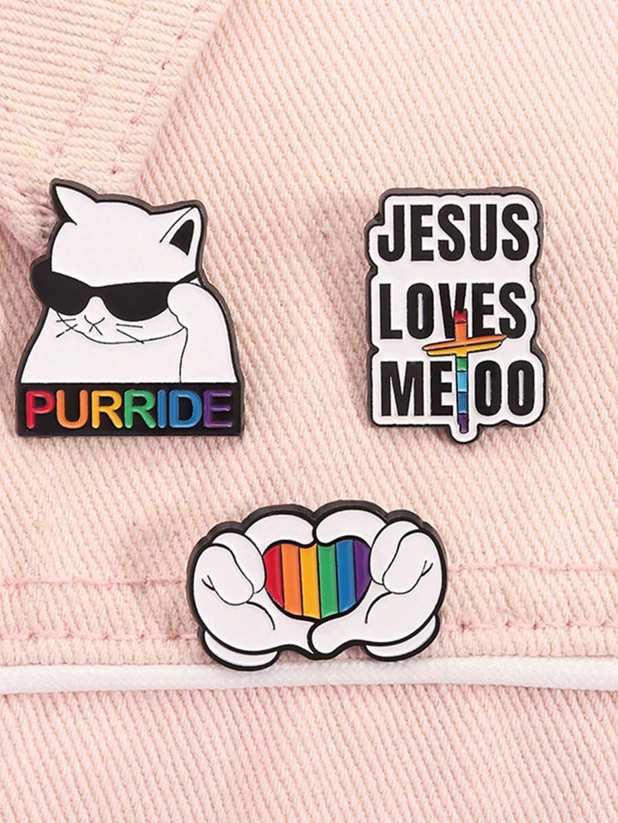 Juego de 3 Piezas Alfileres Esmaltados con Diseños LGBT, Gato Orgullo Gay, Corazón con Gestos de Mano y Lema "Jesús también me ama", Regalos Joyería Insignia para Solapa