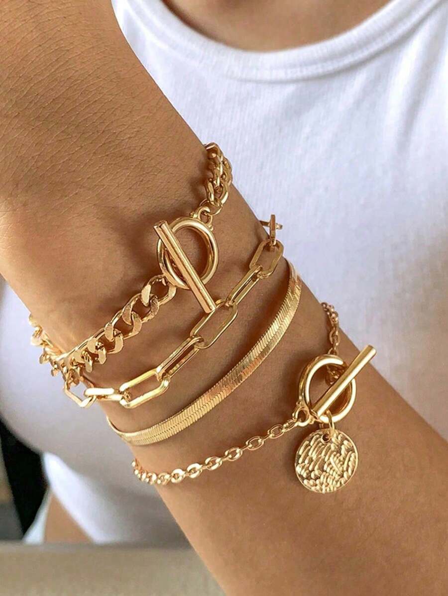 Conjunto de 4 peças de joias com pingente de disco e corrente punk de metal