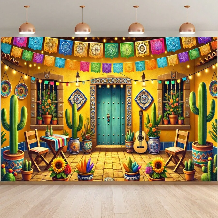 1pc Mexican Courtyard Background Fabric Banner, Suitable For Theme Party Decoration, Garden Decoration, Indoor And Outdoor Decoration, Photography Background, Wall Decoration, Living Room Decoration, Universal Theme