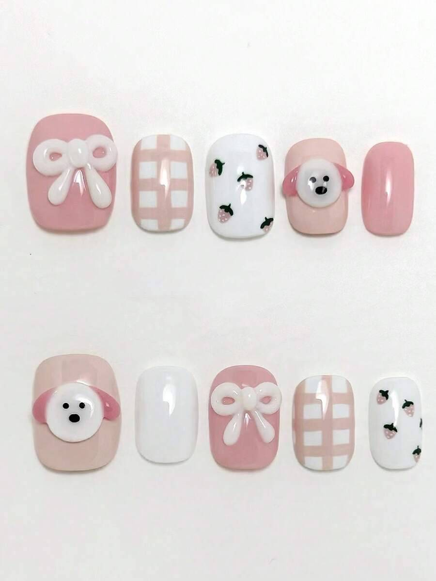 10 pezzi Adesivi per unghie DIY, serie rosa a cartoni animati, cani Pomerania 3D carini con fiocchi, dipinti a mano, fragola quadrata, dolce e commovente