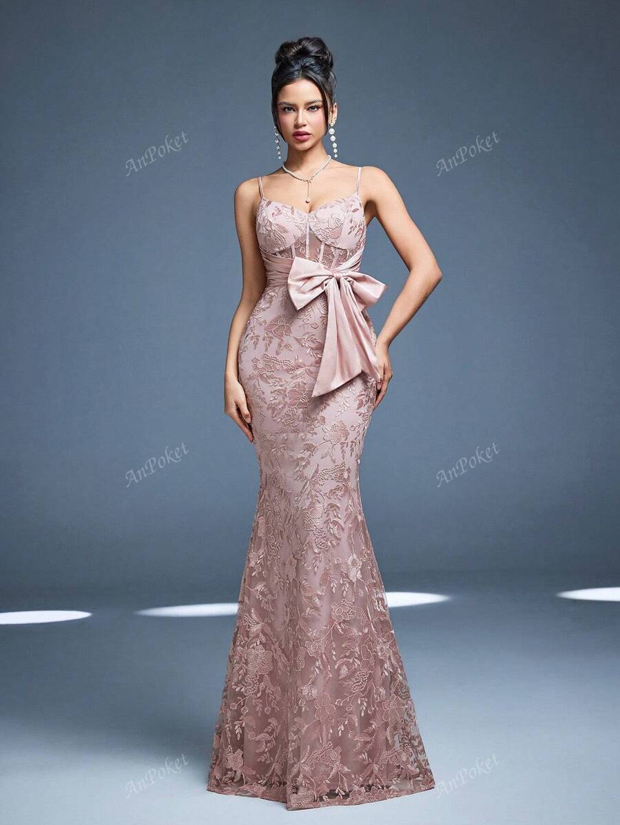 Vestido Longo Sereia Anpoket com Decote em V, Novo Lançamento, Doce Vestido para Dama de Honra, Franzido, Laço, Renda Contrastante, Corpete Justo