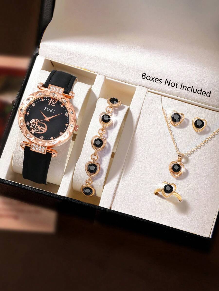 SOKI Relógio feminino 6 peças/conjunto, relógio de quartzo casual moderno para mulheres com mostrador em formato de pêssego e colar de coração, brincos, pulseira, anéis, conjunto de joias adequado para mulheres, festas, feriados, aniversários ou como irmãs, o melhor presente para uma mulher (sem caixa)