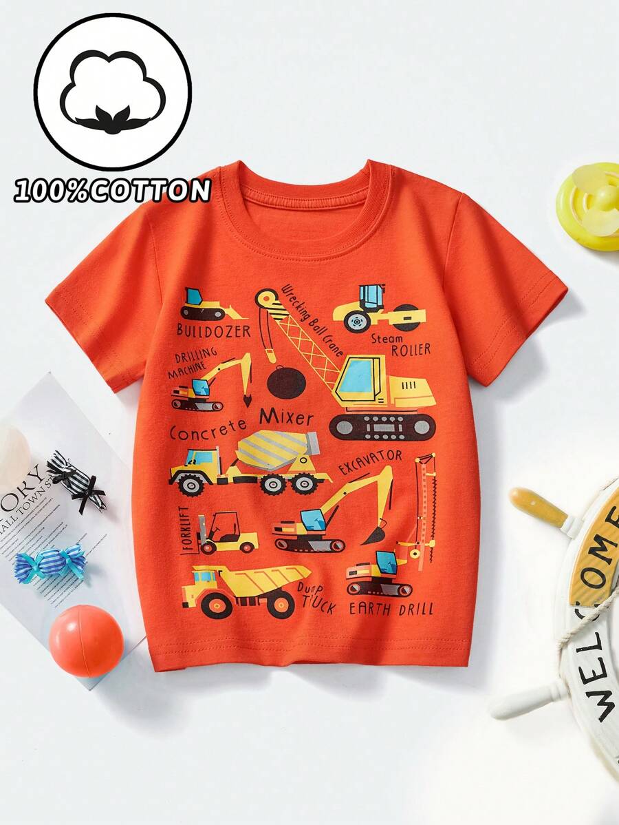 1 pezzo Maglietta in cotone a maniche corte con collo rotondo, stampa di escavatore a cartone animato per ragazzo, casual streetwear, moda primavera/estate