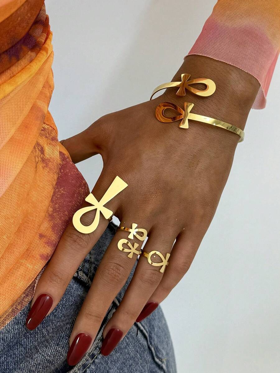 1PC Ankh Egyptian Key Of Life Health Power Cross 18k Gold Plated Stainless Steel Ring Bracelet Women Fashion Waterproof Unique Daily Wear Jewelry