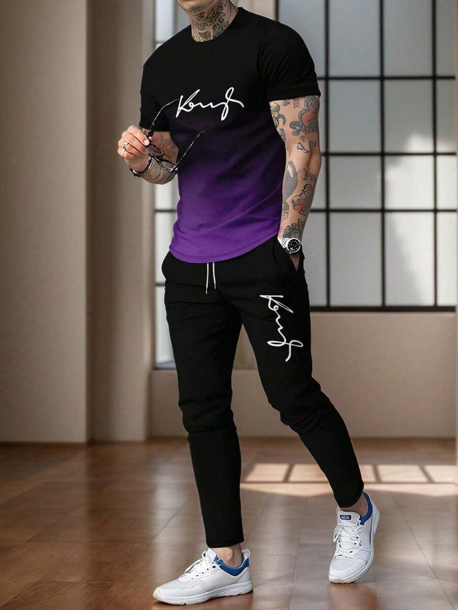 Conjunto de camiseta de manga corta con cuello redondo y pantalón largo con estampado de degradado para hombre