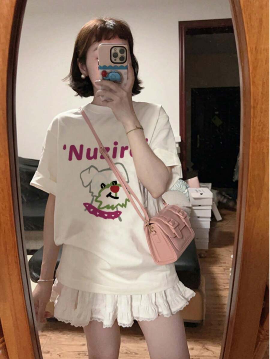 Women's Loose Black Printed T-Shirt - Short Sleeves, Loose Fit, Machine Washable, Japanese Text, Panda Pattern Design