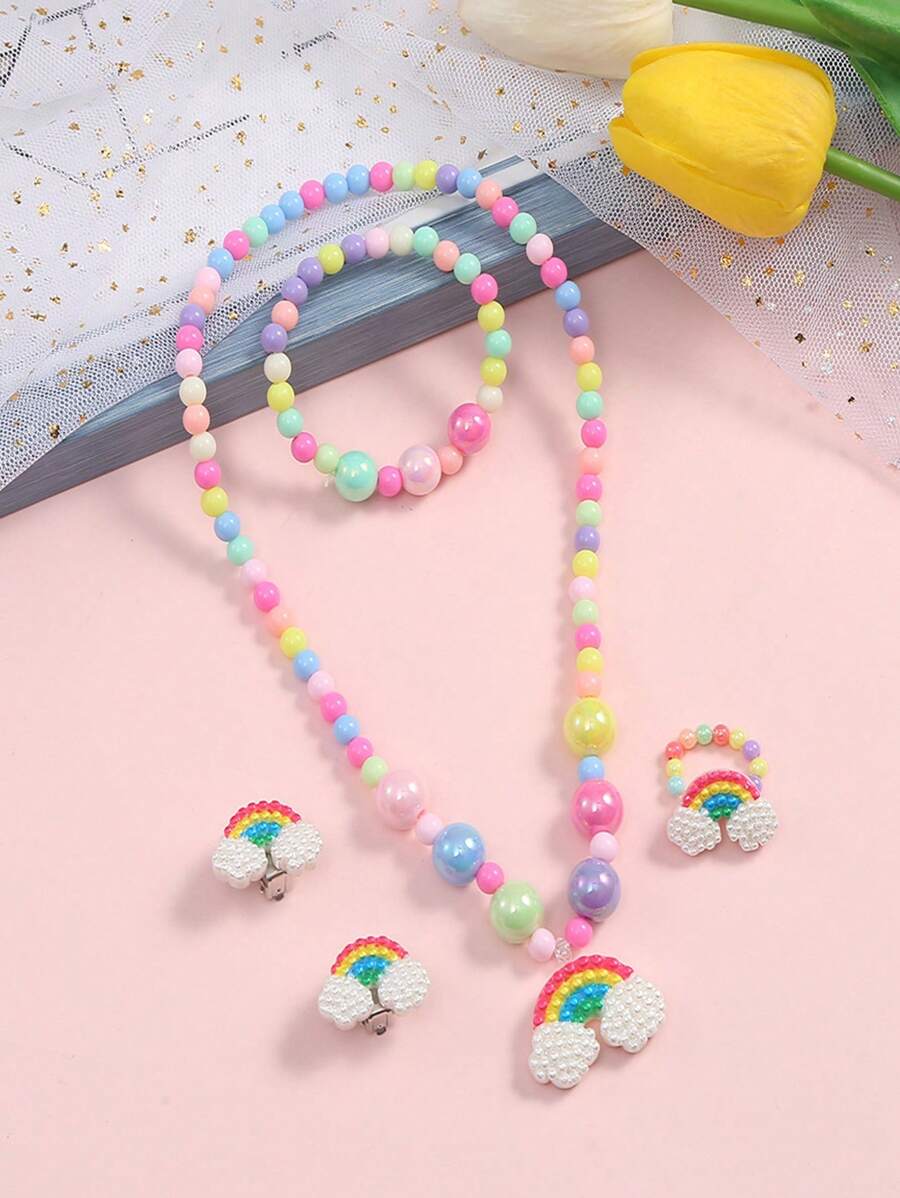 5pcs/Set Girls Cute Rainbow Pendant Beaded Necklace, Bracelet, Ring And Earrings, Lovely Jewelry Gift, Children Accessories (Bead Colors Random)