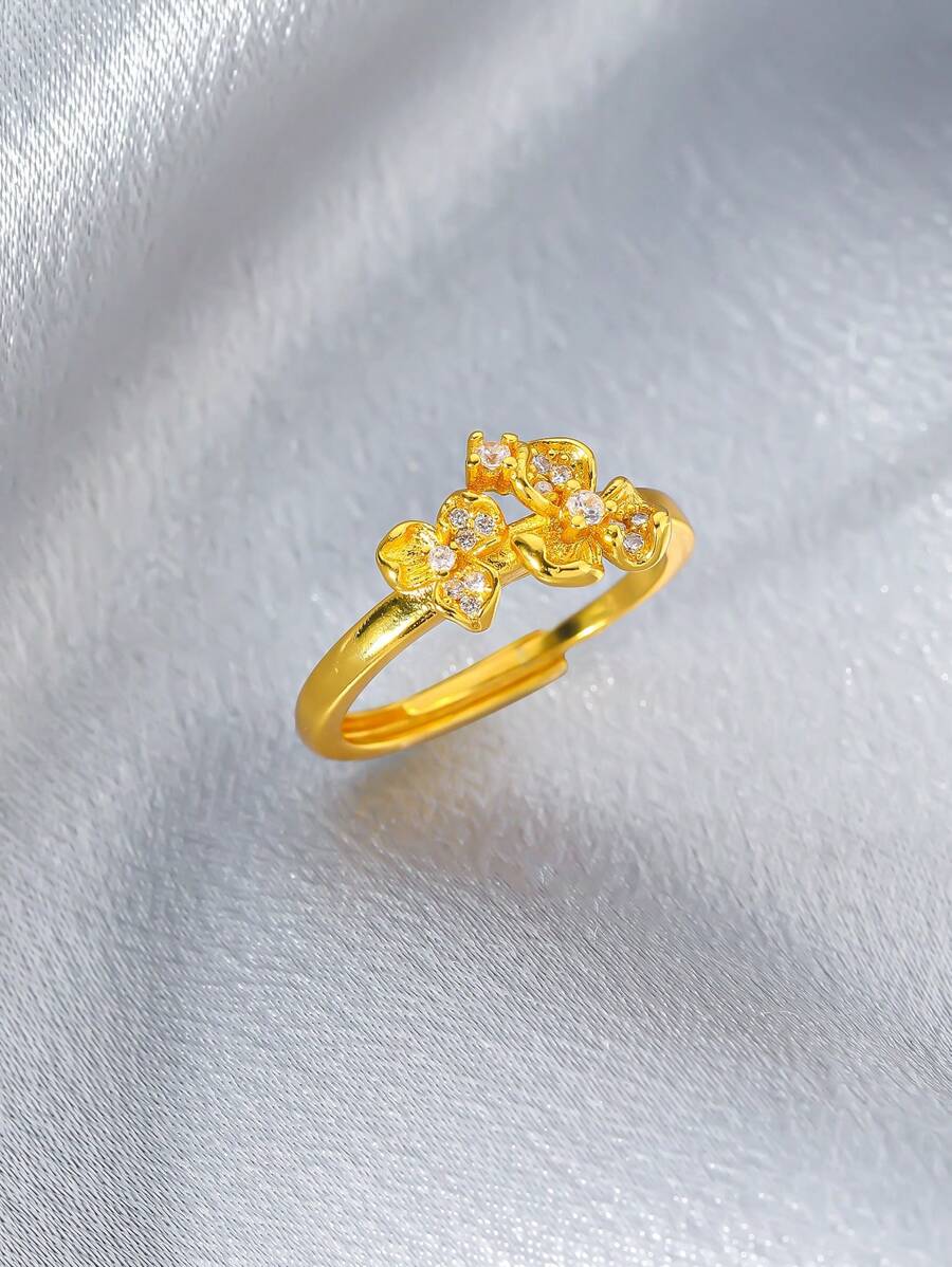 1pc Adjustable Size Fashion Versatile Elegant Minimalist European & American Style Party Popular Hollow Carved Chinese Retro Excellent Quality Car Flower, Cosmic, Curved Knife, Cat Claw, Multicolor Pearl, Floral Pattern, Exquisite Changeable Classic Series Open Ring With White Zirconia, Double Small Flower Ring