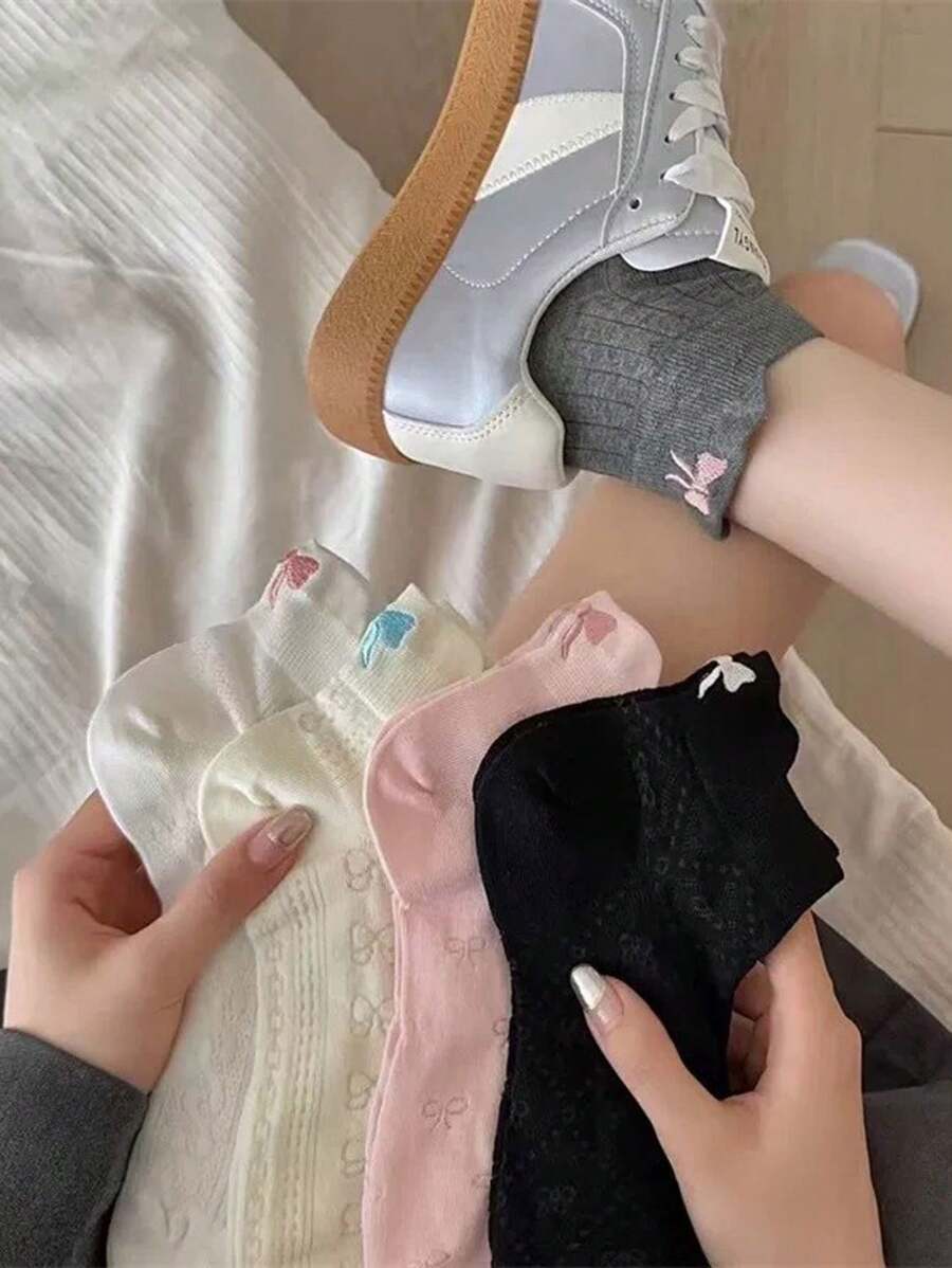 5 Pairs Bowknot Korean Ins-Style Breathable Mesh Socks, Thin Solid Color, Spring/Summer