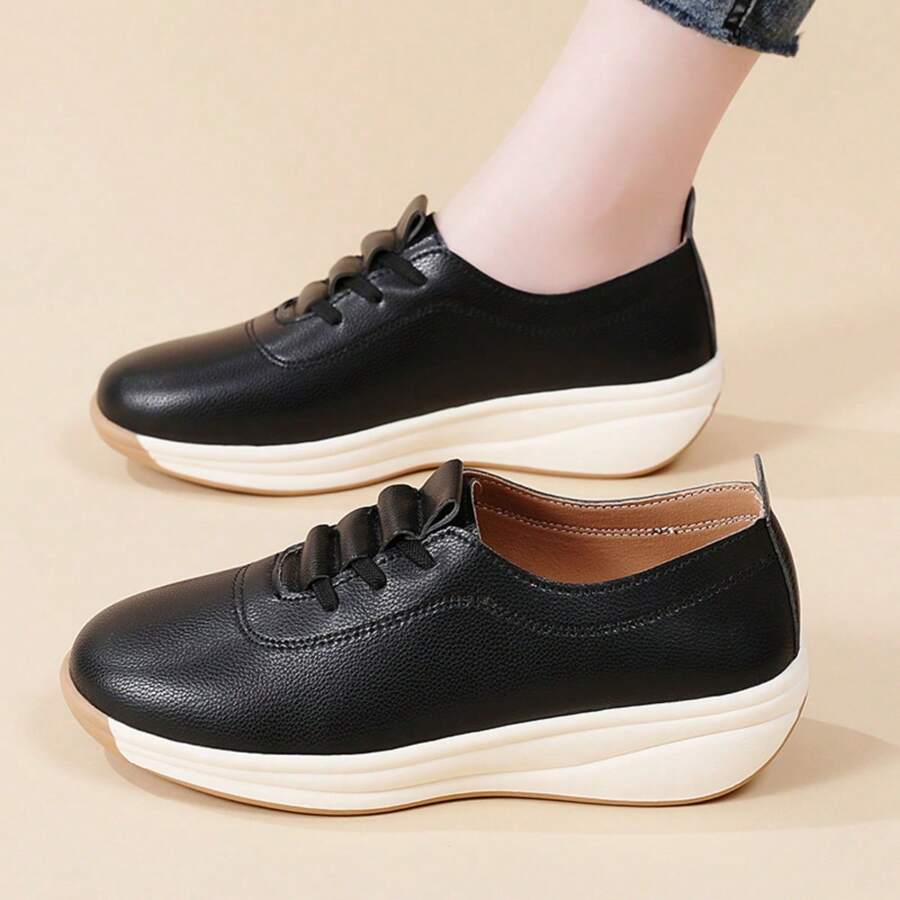 Women's Casual Height-Increasing Wedge Loafers - Lightweight, Versatile Slip-On Shoes With TPR Sole, Synthetic Upper & Insole, Lace-Up Design, Black, All-Season Comfort, Casual Footwear | Casual Style | Footwear
