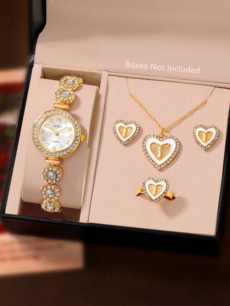 SOKI SOKI 6 Stück Damen Uhr Frauen Luxus Kristall-besetzte Digital-Zifferblatt Quarz Uhr und Halskette, Ohrringe, Ringe Armband Ringe Schmuckset, geeignet für den täglichen Gebrauch, Schulanfang, Abschlusszeit, Erntedankfest, Paare, die beste Geschenkidee, Uhrbox nicht enthalten