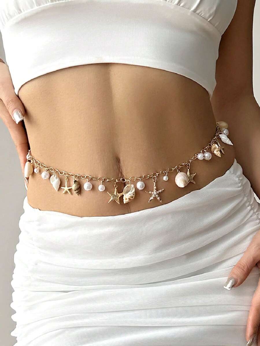 1pc Bohemian Summer Beach Vacation Sexy Starfish & Shell Waist Chain For Women, Exaggerated Ocean Elements Conch Faux Pearl Pendant Body Chain, Suitable For Beach Wear (Pendant Quantity & Position Random)