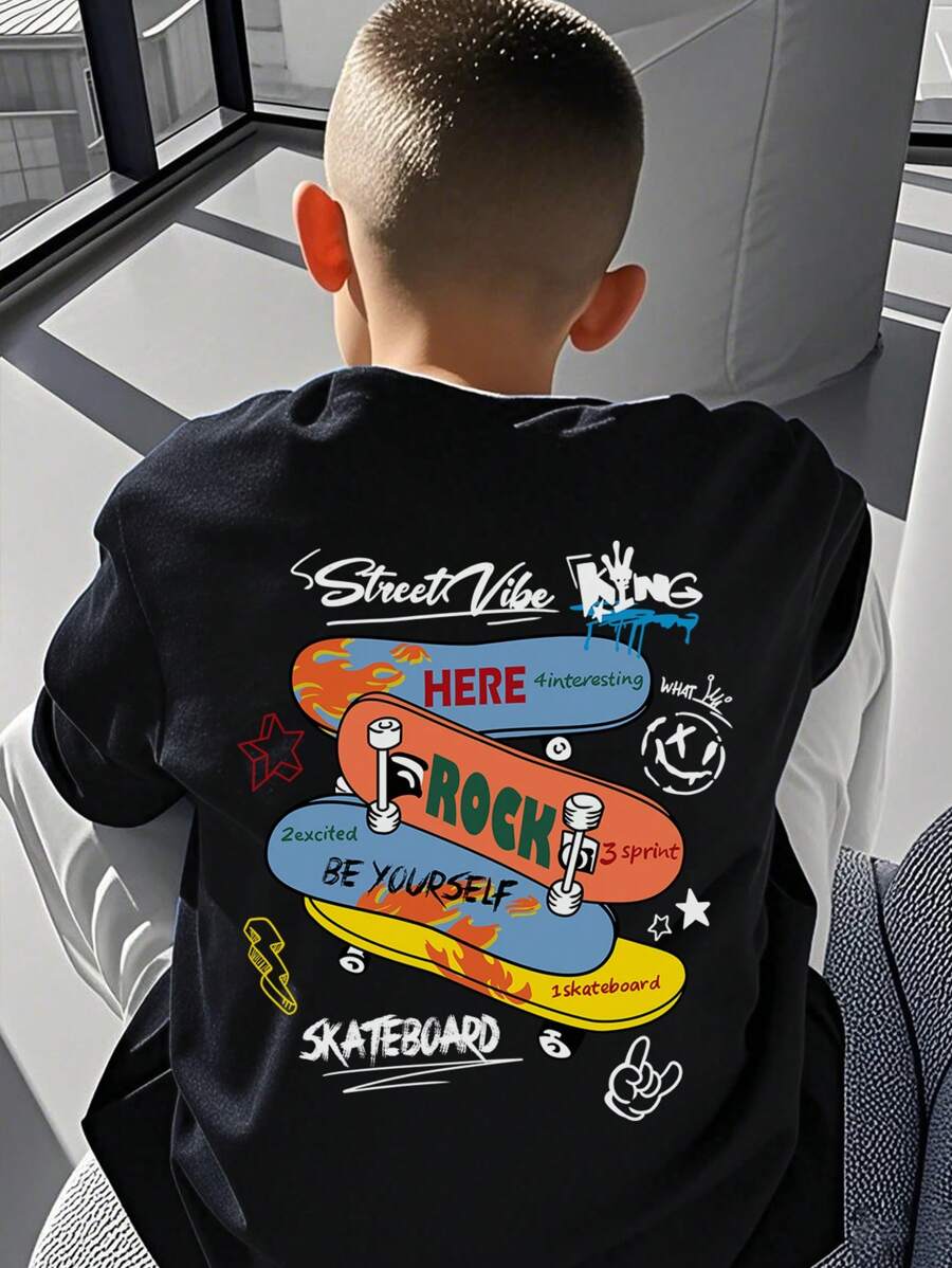 1pc Tween Boy Grey Skateboard Print Short Sleeve T-Shirt, Suitable For Young Students, Summer Top For Older Boys