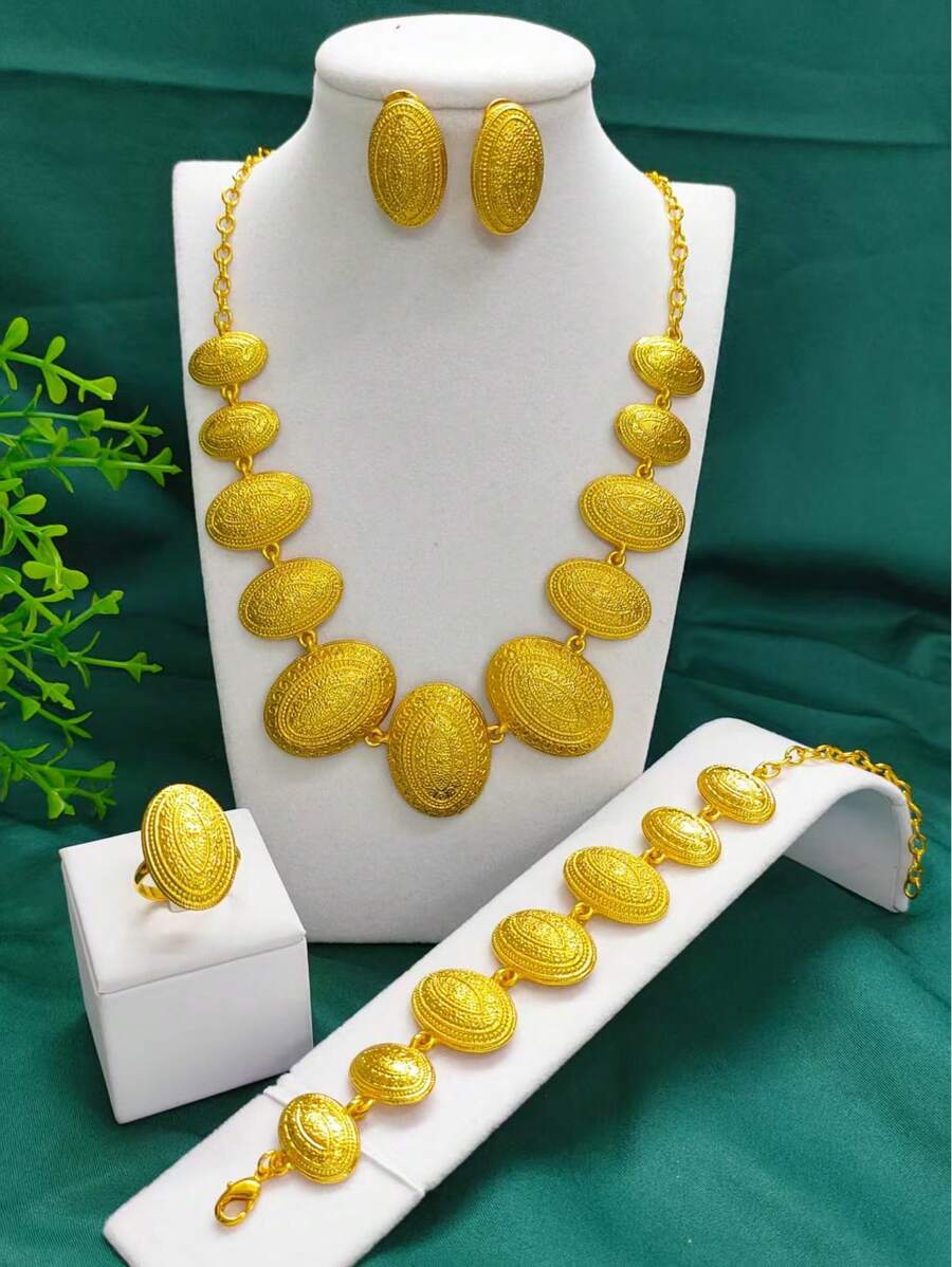 Conjunto de 4 joias banhadas a ouro para mulheres, incluindo colar, brincos, pulseira e anel. Adequado para casamento, festa, encontro, presente para o Dia das Mães, uso diário, estilo Oriente Médio.