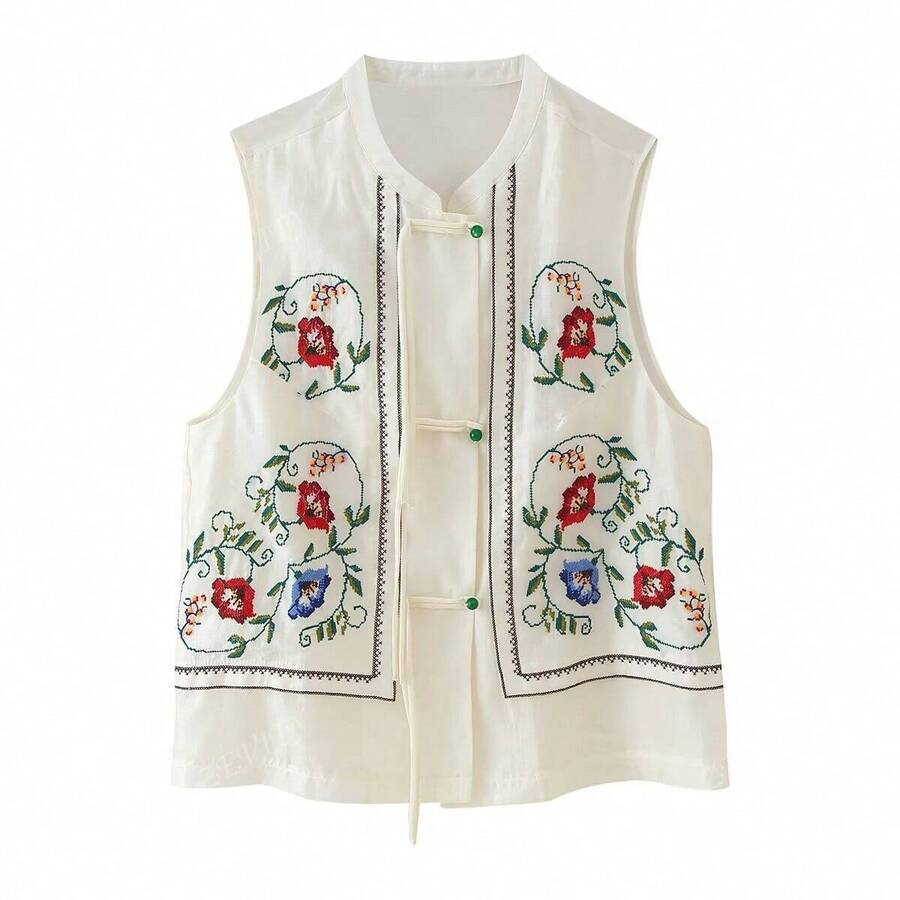 ZEVITY Sleeveless Flower & Leaf Embroidered Button Decor Chinese Style Shirt LS2556